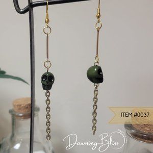 Dark Green/Gold Skull Chain Dangle Earrings- Oversized Halloween -Tineka Dawn